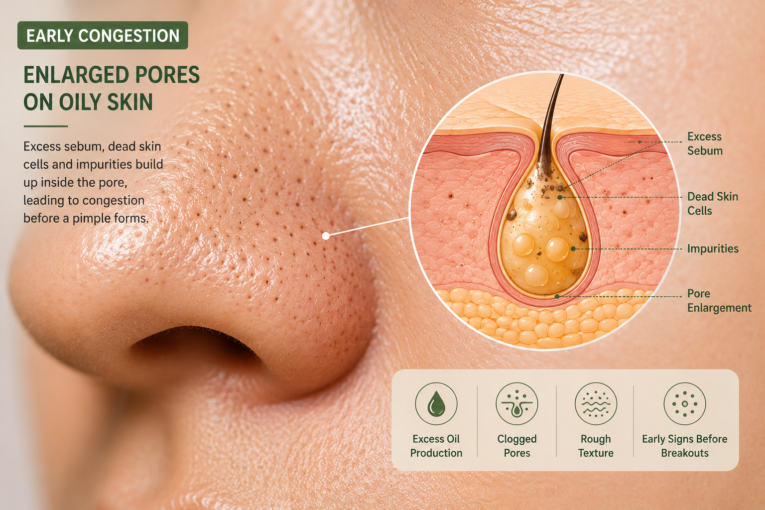 Close-up illustration of enlarged pores on oily skin showing excess sebum accumulation inside the pore during Early Congestion stage