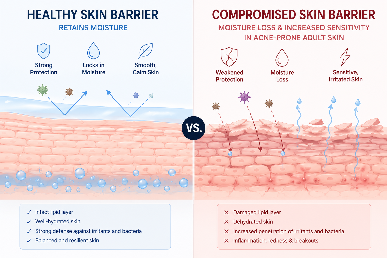 Split illustration comparing a healthy skin barrier retaining moisture versus a compromised skin barrier with moisture loss and increased sensitivity in acne-prone adult skin