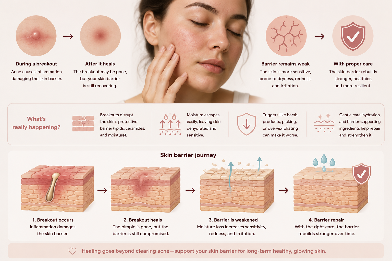 Skin barrier journey infographic showing how a breakout heals, the barrier remains weak with increased sensitivity and dryness, and how proper care helps it rebuild stronger and more resilient over time